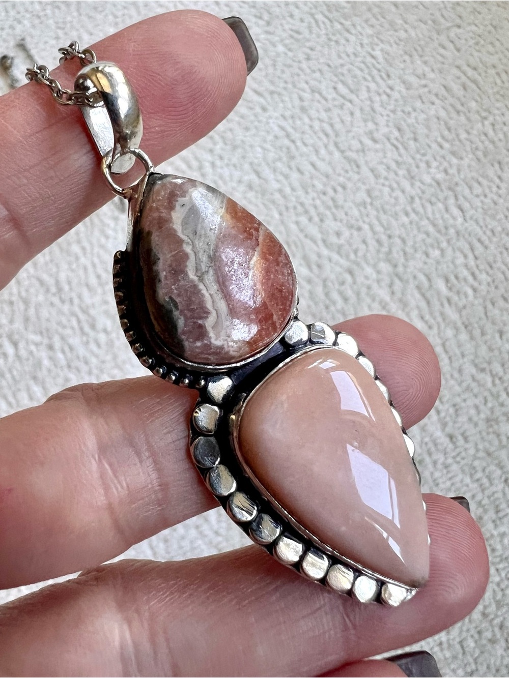 925 Pink Mesa Peruvian Opal + Rhodochrosite Pendant Necklace